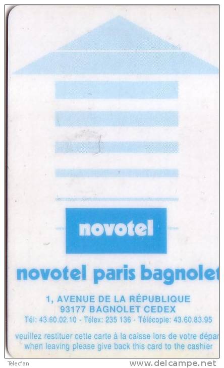 FRANCE CLE HOTEL KEY NOVOTEL PARIS BAGNOLET VERY OLDTIMER CARD CARTE TRES ANCIENNE MAGNETIQUE - Chiavi Di Alberghi