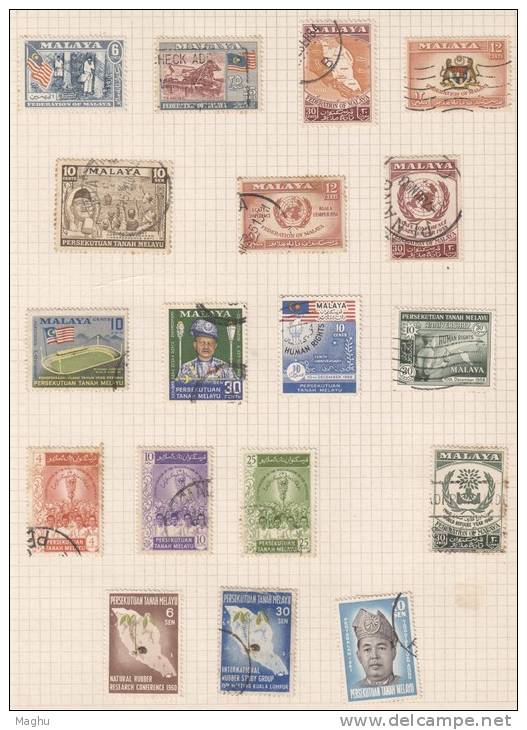 Malaya,Malaysia, Malayan Federation Collection,  (2 Scans) Used 1957-1963, 2 Stamps Short (12c Refugee & 50c Languag - Federation Of Malaya