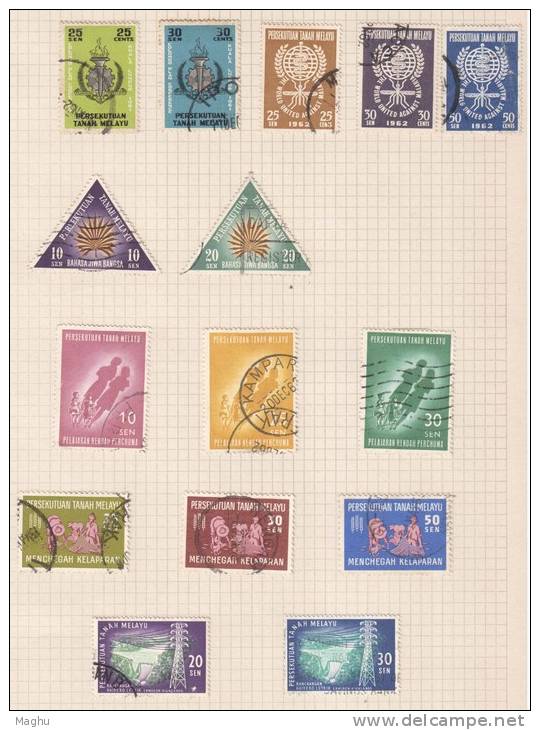 Malaya,Malaysia, Malayan Federation Collection,  (2 Scans) Used 1957-1963, 2 Stamps Short (12c Refugee & 50c Languag - Federation Of Malaya