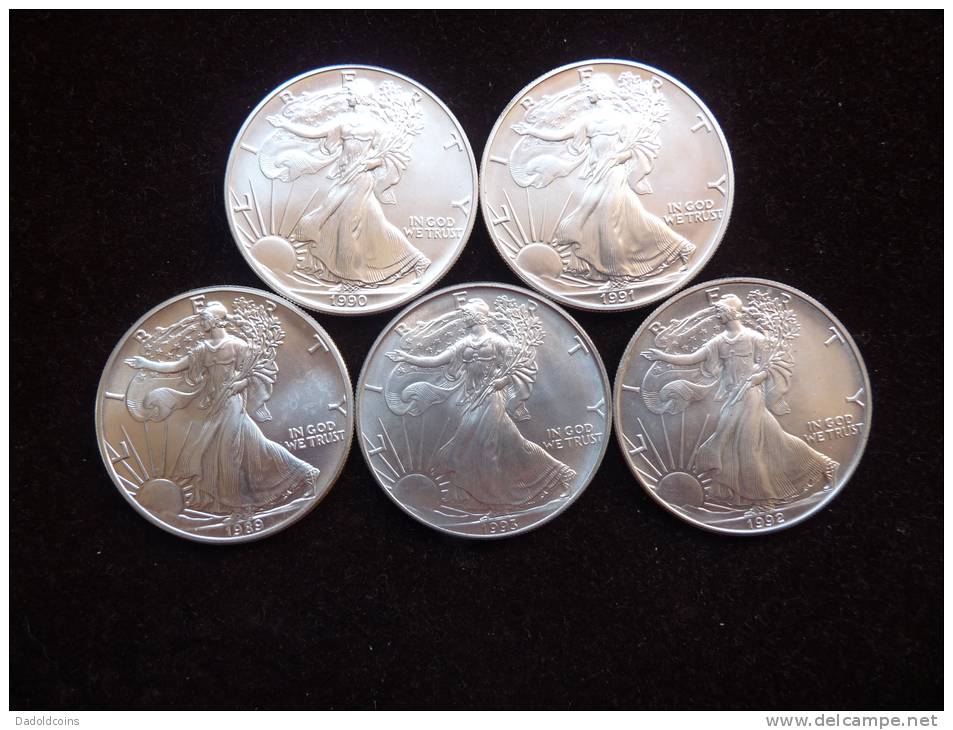 Estados Unidos United States 5x 1 Dollar 1 Oz Troy Silver Plata Argent 0,999 Liberty 1989-90-91-92-93 Uncirculated, New! - 1979-1999: Anthony