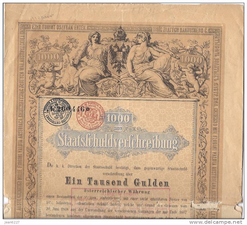 Staatsschuldverschreibung - Emprunt D´État - Autriche - 1000 Gulden (Florins) à 5% - 01-11-1868 - Autres & Non Classés