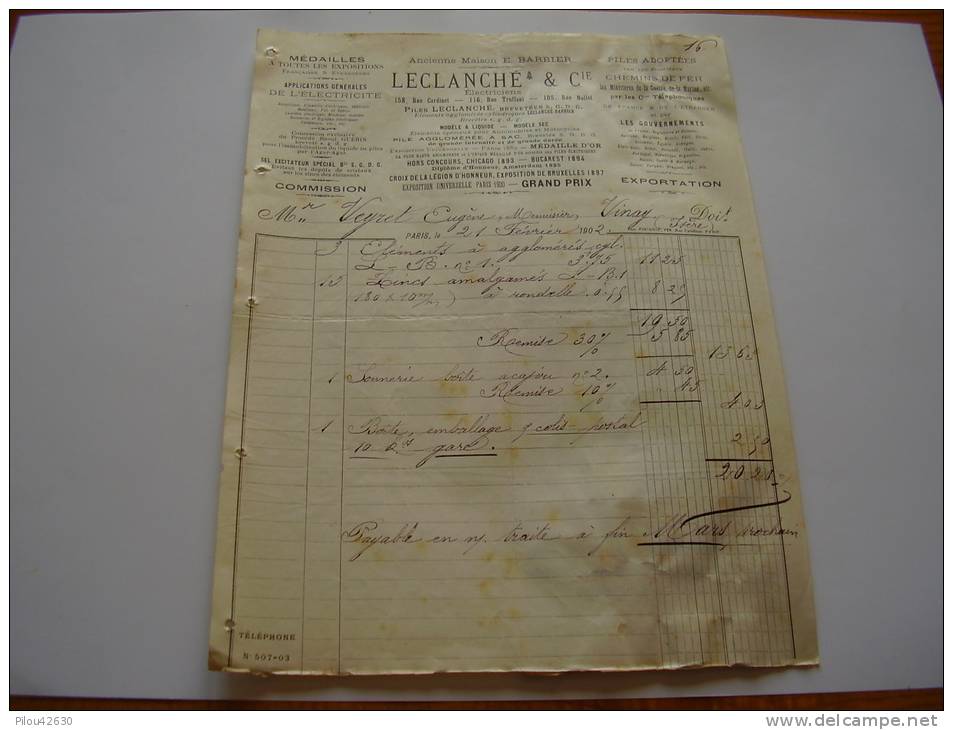 1902 :gravure Pile Leclanché à Paris ; Facture + Lettre De Change .piles Adoptées Par Les Chemins De Fer,les Ministères - Elektriciteit En Gas