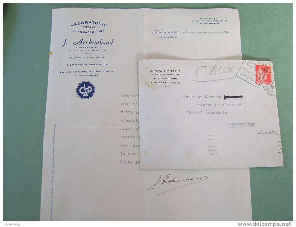 Annonay Ardeche Laboratoire Central Pharmaceutique Mr J Archimbaud 1934 - Autres & Non Classés