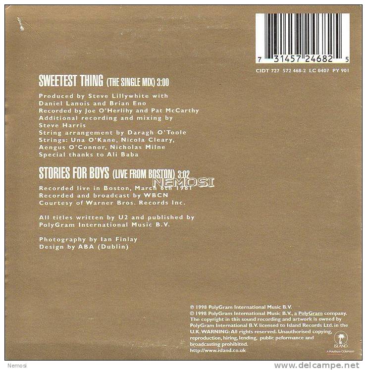 CD - U2 - Sweetest Thing (the Single Mix - 3.00) - Stories For Boys (live - 3.02) - Verzameluitgaven