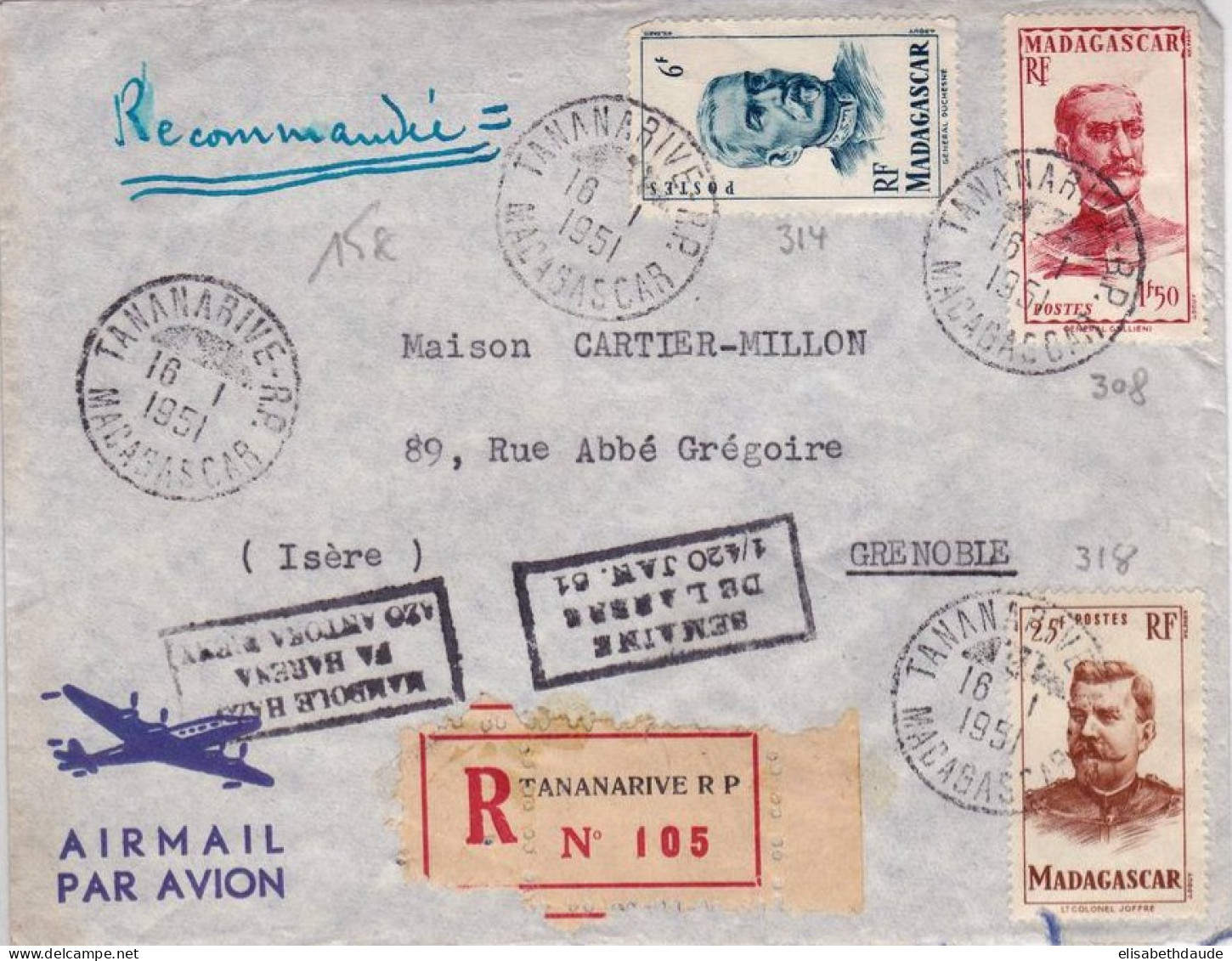 MADAGASCAR - 1951 - ENVELOPPE Par AVION RECOMMANDEE De TANANARIVE Pour GRENOBLE - SEMAINE DE L'ARBRE - Covers & Documents