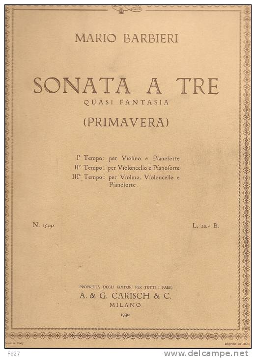 PARTITION DE MARIO BARBIERI : SONATA A TRE - QUASI FANTASIA (PRIMAVERA) - A-C