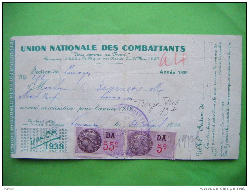 Reçu Union Nationale Des Combattants -unis Comme Au Front-1939-timbre Da 55c Et Da 5c - Autres & Non Classés