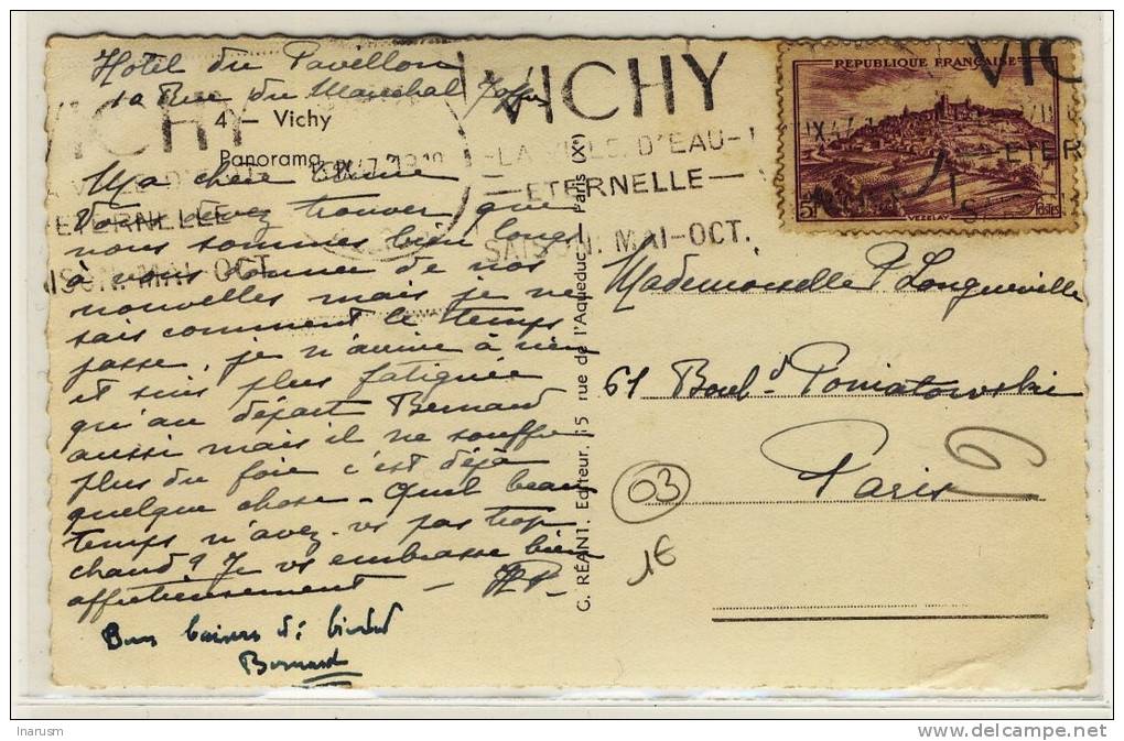 KRAG - " VICHY / ALLIER / 13.IX.47 " + " VICHY / LA VILLE D'EAU / ETERNELLE / SAISON MAI-OCT." - Réf. VIC513 - Mechanische Stempels (varia)