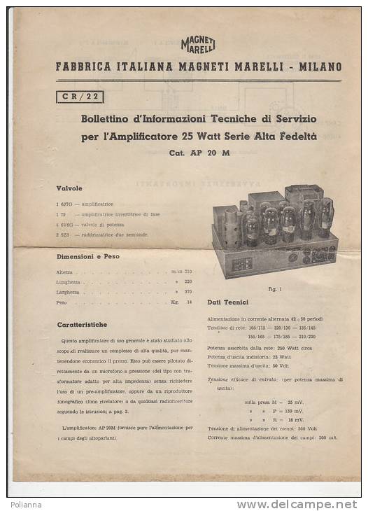 C0585 - Bollettino Informazioni Tecniche AMPLIFICATORE 25 Watt - MAGNETI MARELLI - RADIO VALVOLE - Littérature & Schémas