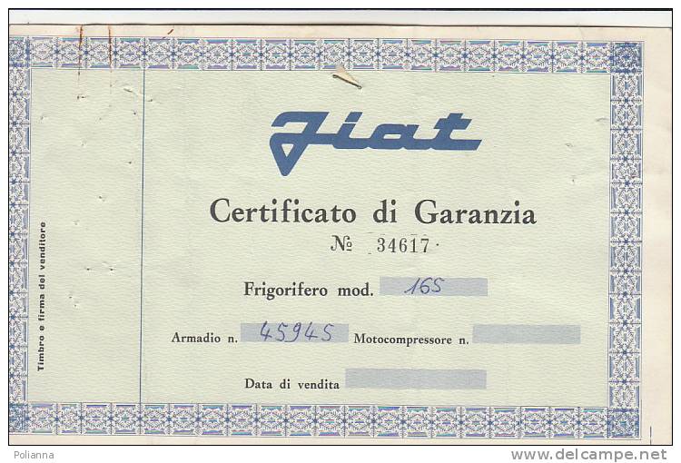 C0590 - Certificato Garanzia FRIGORIFERO FIAT Mod.165 Anni ´60/ELETTRODOMESTICI/MODERNARIATO - Other Apparatus