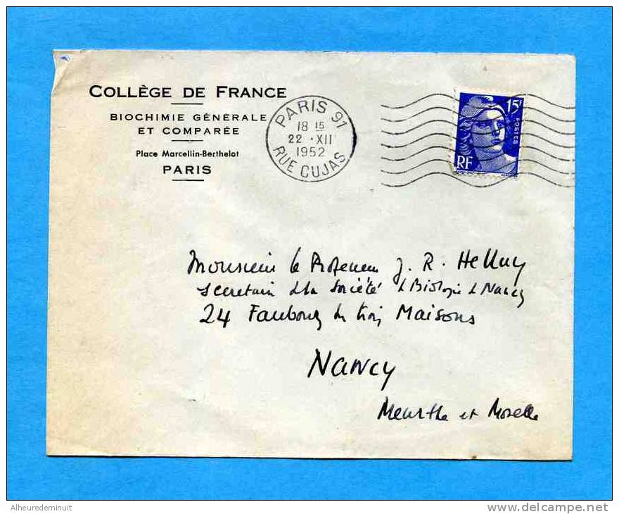 Enveloppe COLLEGE DE FRANCE"biochimie Générale Et Comparée""oblitération Mécanique 1952"timbre 15f - Sonstige & Ohne Zuordnung