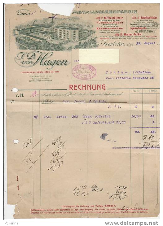 C0598 - CARTA INTESTATA FATTURA - F.IVON HAGEN - METALLWARENFABRIK - ISERLOHN 1912 - Sonstige & Ohne Zuordnung