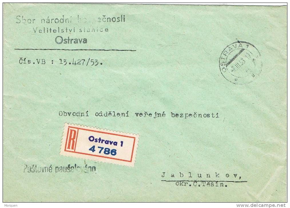 Carta Certificada OSTRAVA (Checoslovaquia) 1953. Postovne Pausalevano - Brieven En Documenten