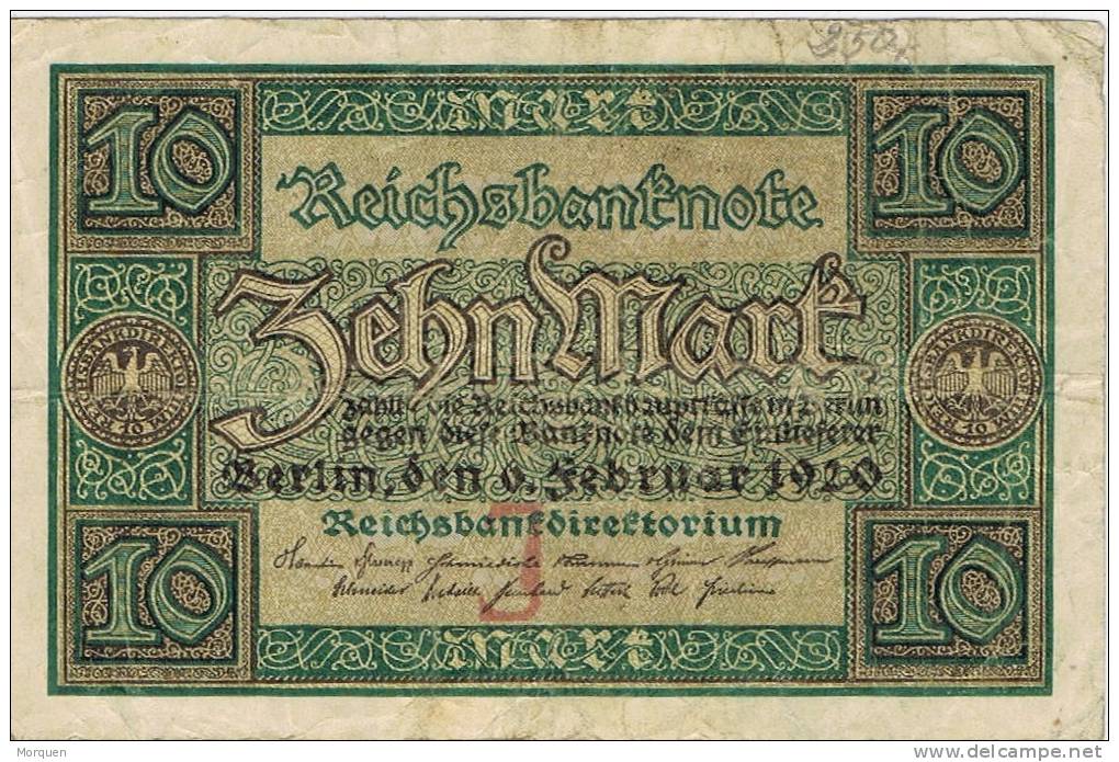 Billete 10 Mk Alemania Reich 1920. Reichbanknote - 10 Mark