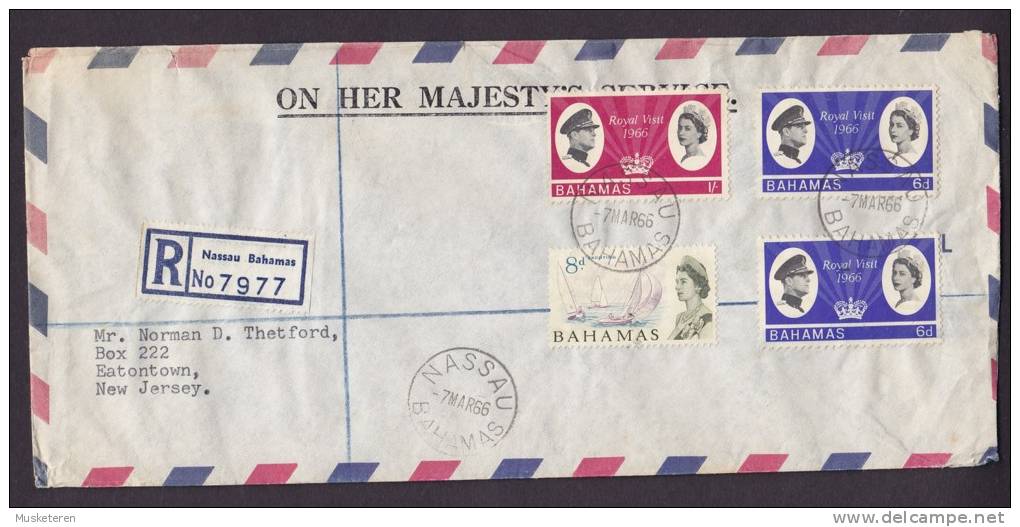 Bahamas On Her Majesty´s Service Registered NASSAU Label 1966 Mult Franked Cover To EATONTOWN New Jersey USA (2 Scans) - 1963-1973 Autonomía Interna