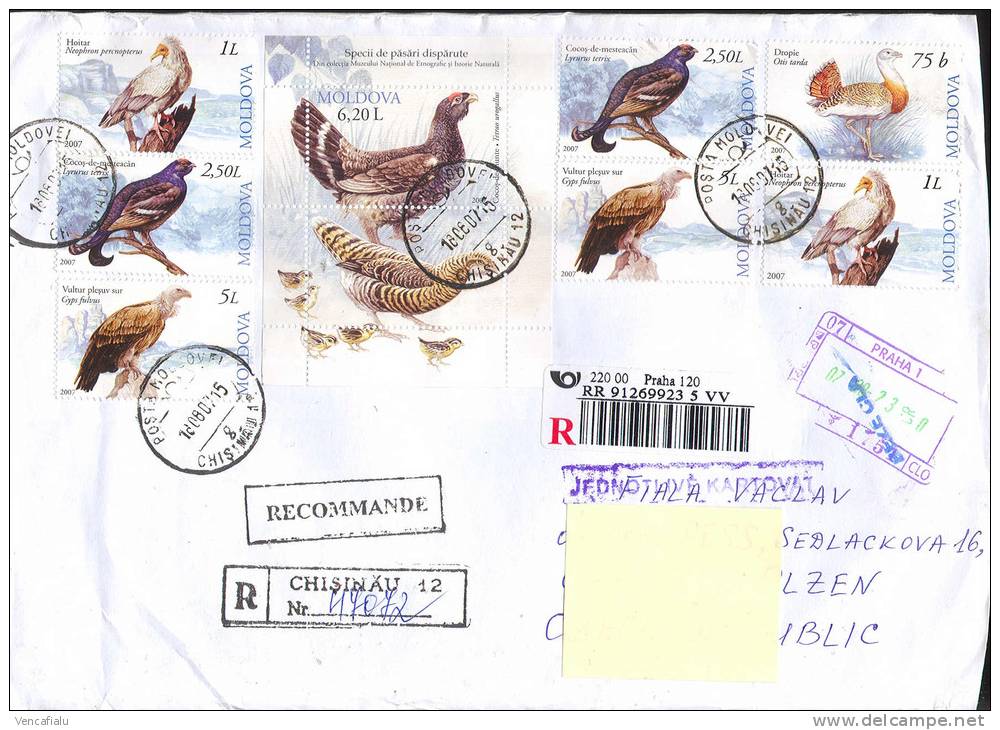 Moldova 2007 -  Postage Used Registered Air Mail Cover From Moldova  In Czech Republic - Gallináceos & Faisanes