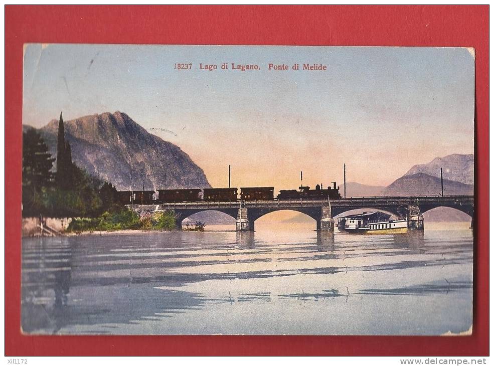 X0341 Ponte Di Melide, Lago Di Lugano, Treno,ligne De Chemin De Fer,bâteau. Cachet 1909. Wehrli 18237 - Lugano