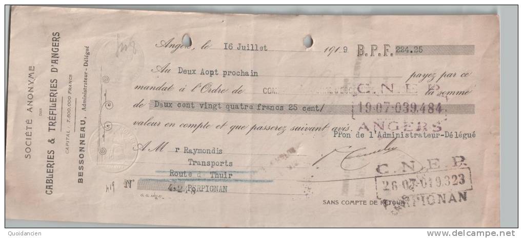 Mandat  16/07/1919  -  De  ANGERS  Vers  PERPIGNAN  -  BESSONNEAU  -  Cableries & Tréfileries D´  ANGERS - Lettres De Change