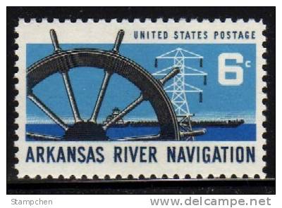 1968 USA Arkansas River Navigation Stamp Sc#1358 Ship Wheel Electricity Tower Barge - Elektriciteit