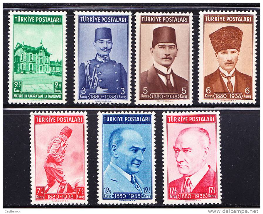 T)1939,TURKEY,PARCIAL SET,DEATH OF KEMAL ATATURK ,FIRST ANNIVERSARY,SCN 833-837,839,840,MLH,CV 16.- - Neufs