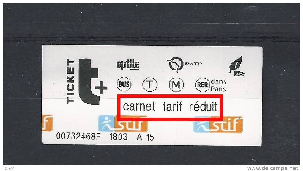 Ticket Stif - Carnet Tarif Réduit. (Voir Commentaires) - Europe