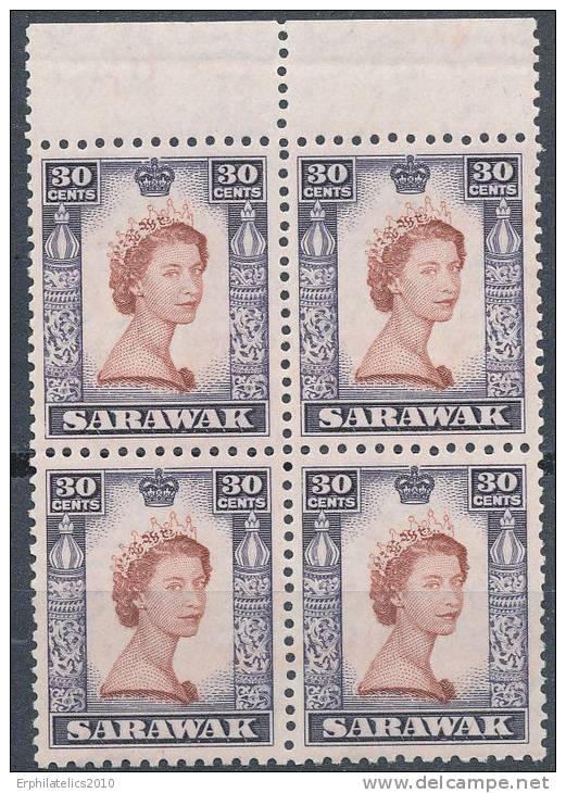 SARAWAK 1955 QUEEN ELIZABETH 30 CENTS KEY VALUE VF MNH SC# 207 BLOCK OF 4 FRESH - Sarawak (...-1963)