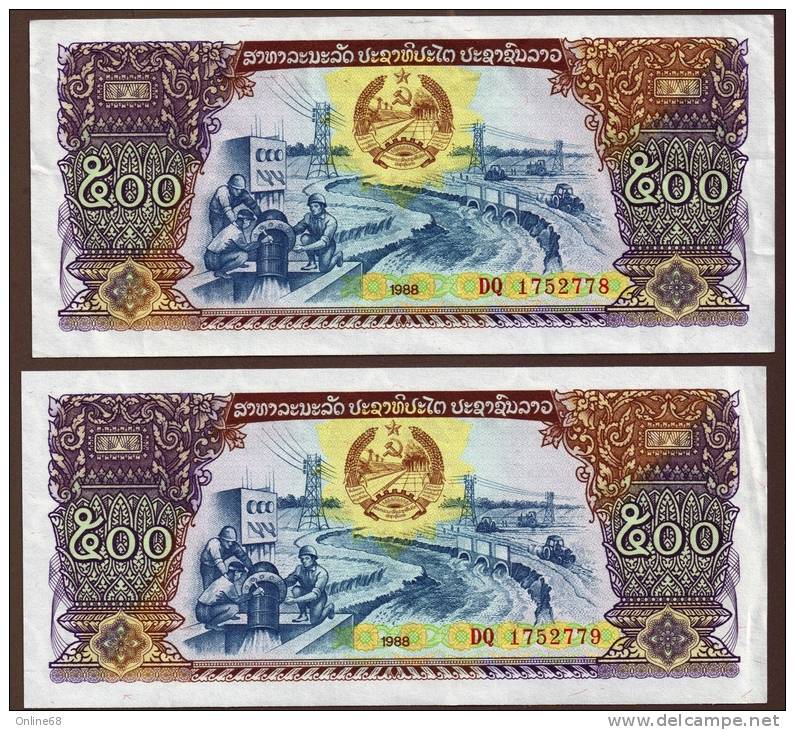 LAOS LOT 2x  500 KIP  1988 # DQ 1752778+79  P# 31 - Laos