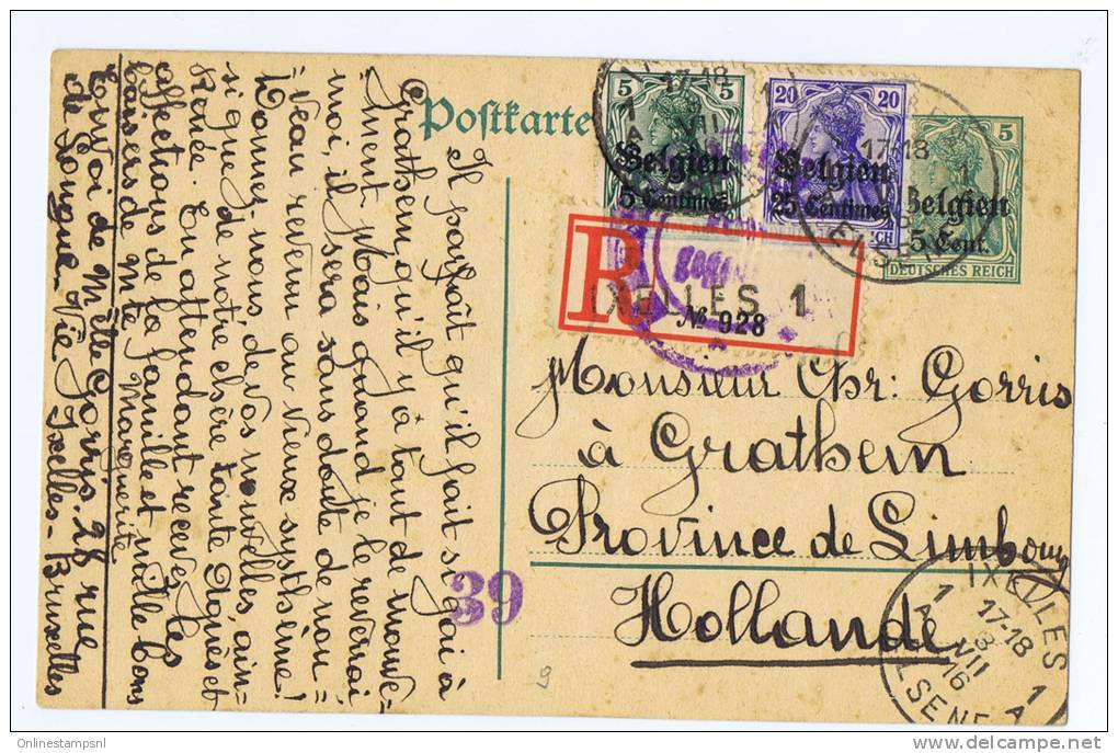 Belgium: Registered Postkarte,Mit Zusatzfrankatur, 1916 Brussel-&gt; Grathem Nederland Violet  Sensuur Stempel 39 - OC1/25 Gouvernement Général