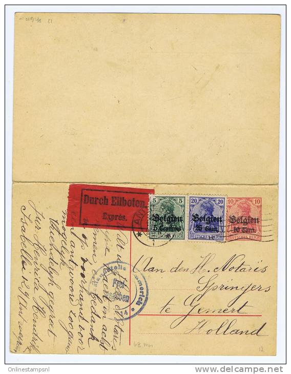 Belgium: Postkarte/ Réponse,Mit Zusatzfrankatur, 1915 Antwerpen -&gt; Gemert Nederland, Eilboten, P13 68 Mm Sensuur Stem - OC1/25 Generalgouvernement 