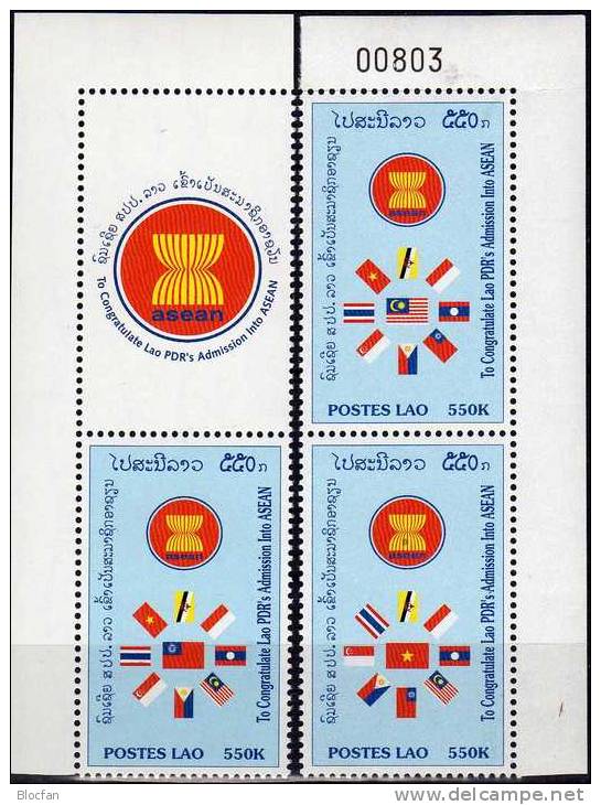 ASEAN-Kongreß Brunei Malaysia Vietnam 1997 Laos 1623Zf+1626/31 ** 9€ Mittig Borneo Malaya Viet Nam Flag Se-tenant Of Lao - Brunei (1984-...)