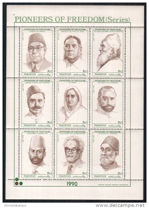 PAKISTAN 1990 MNH SHEETLET FULL SHEET S.G 819-27 PIONEERS OF FREEDOM 3RD SERIES LIAQUAT ALI KHAN FAZL UL HAQ BI AMMA - Pakistan