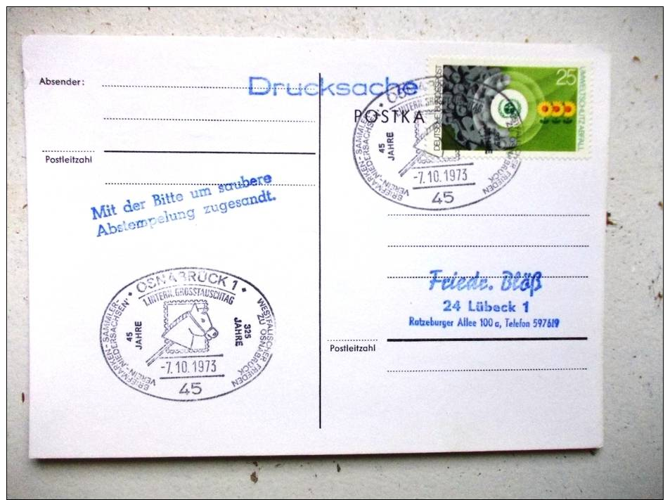 Postkarte Sst Sonderstempel 1973 Osnabrück - Briefe U. Dokumente