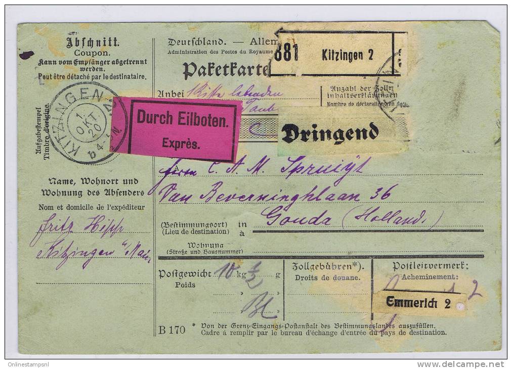 Deutsche Reich: Paketkarte, 1920 Kitzingen  To Gouda Holland, Durch Eilboten, Specificatie Der Kosten Cancel On Back - Briefe U. Dokumente