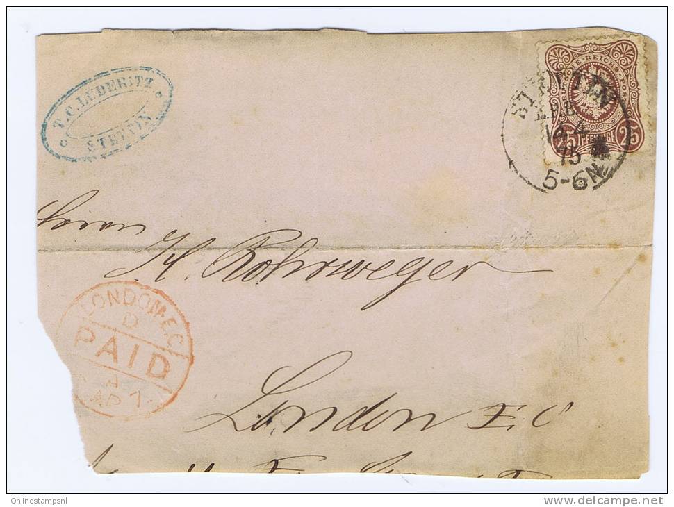 Deutsche Reich: 1875 Front Of Cover Stettin To London, Michel Nr 35 , With Paid Cancel - Briefe U. Dokumente