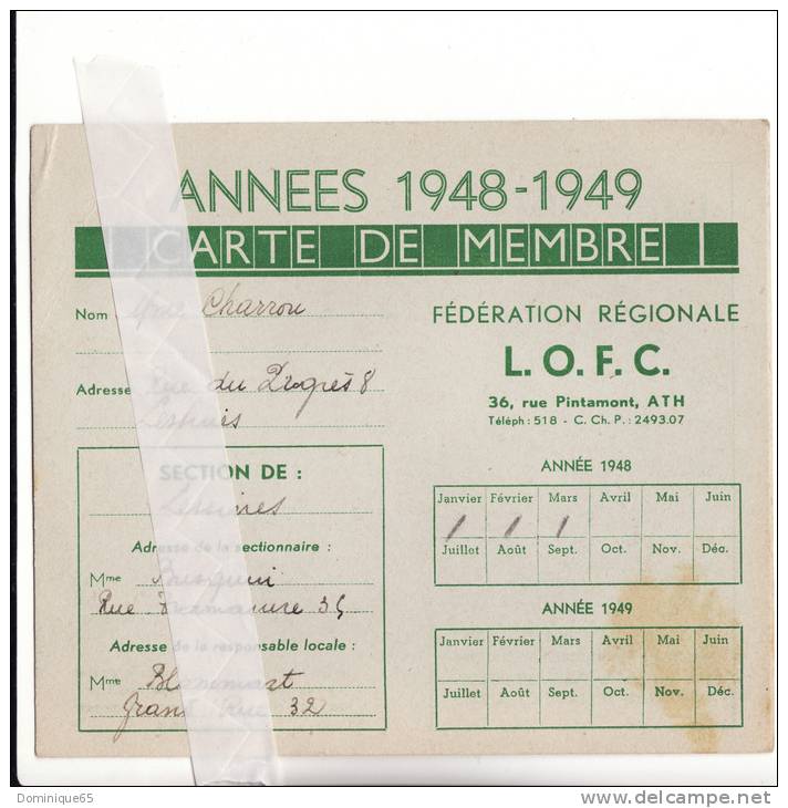 Lessines 1948 1949 LOFC Ligues Ouvrières Féminines Chrétiennes Carte De Membre Ath - Autres & Non Classés