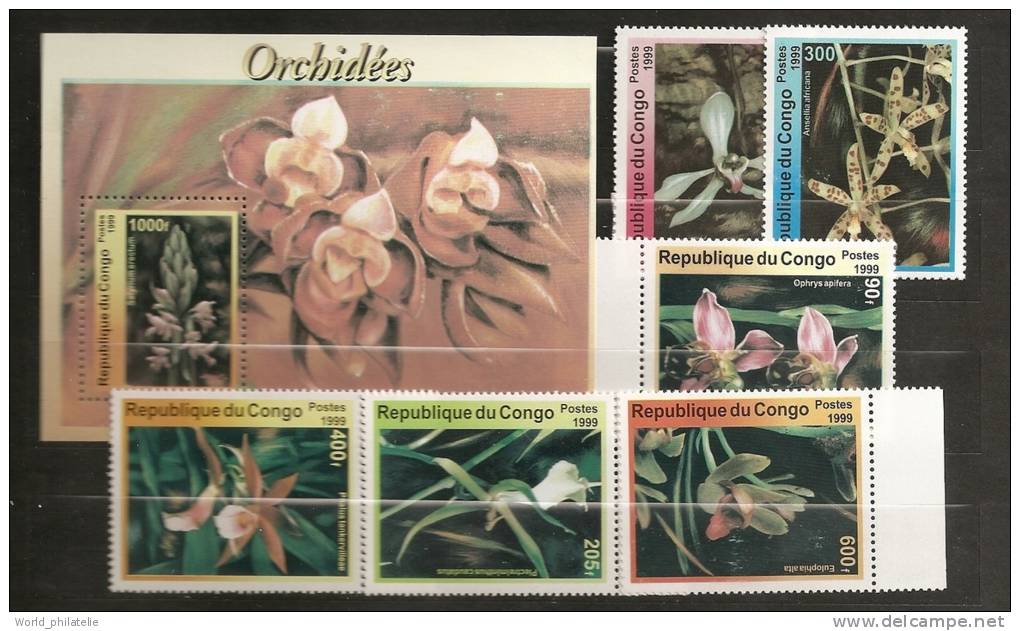 Congo 1999 6 Valeurs + BF ** Non Catalogué Yvert, Orchidées, Fleurs, Ansellia Africana, Ancistrochilus Rothschildianus - Oblitérés