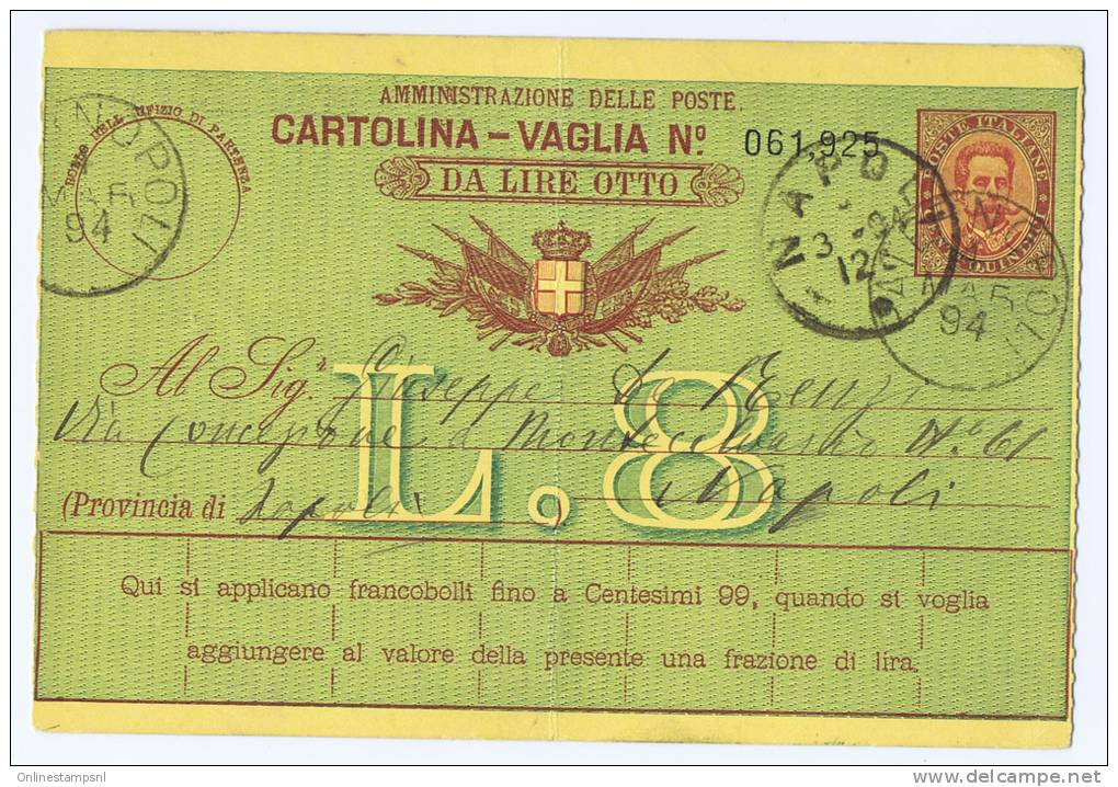 Italy, Cartolina - Vaglia L.8 1894 Paternopoli -> Napoli - Interi Postali