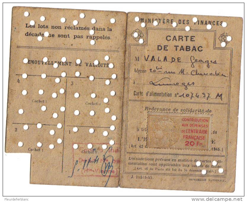 Carte De Rationnement De TABAC 1946 - Débit PEYRONNAUD - Limoges (87) - Documentos