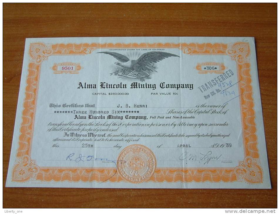 ALMA LINCOLN MINING COMPANY - N° 9501 / 1939 ( Voir Photo Pour Detail )! - Mijnen