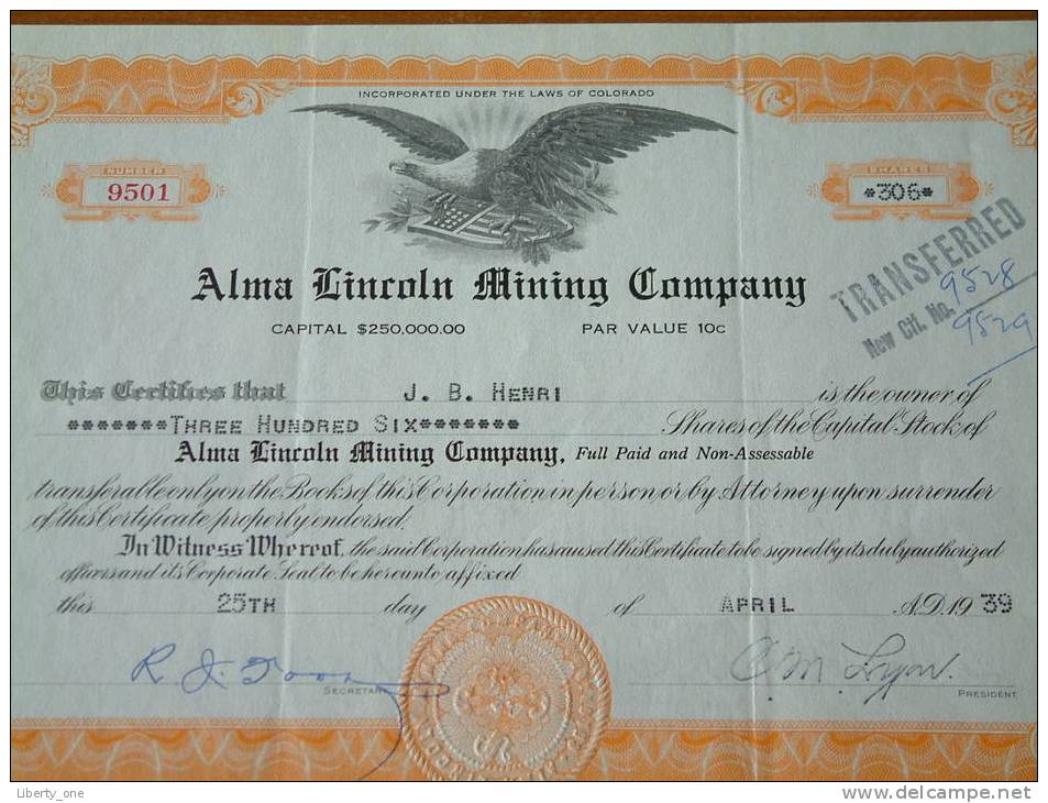 ALMA LINCOLN MINING COMPANY - N° 9501 / 1939 ( Voir Photo Pour Detail )! - Mines