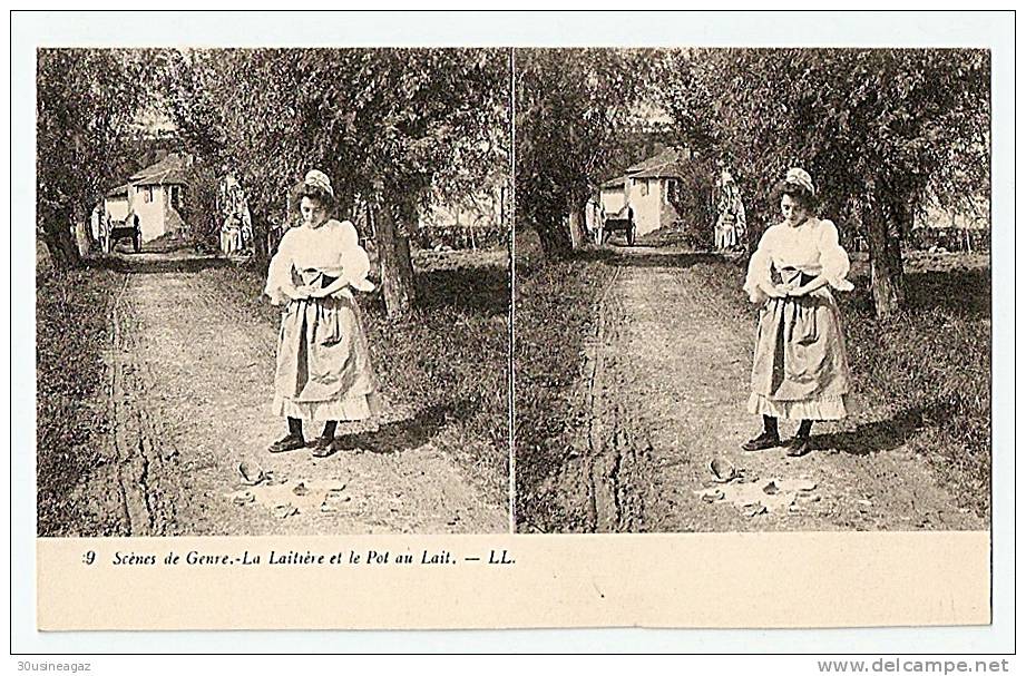 CPA Stereoscopique,Scènes De Genre ,la Laitiere Et Le Pot Au Lait  ,1 ,stereo - Stereoscope Cards