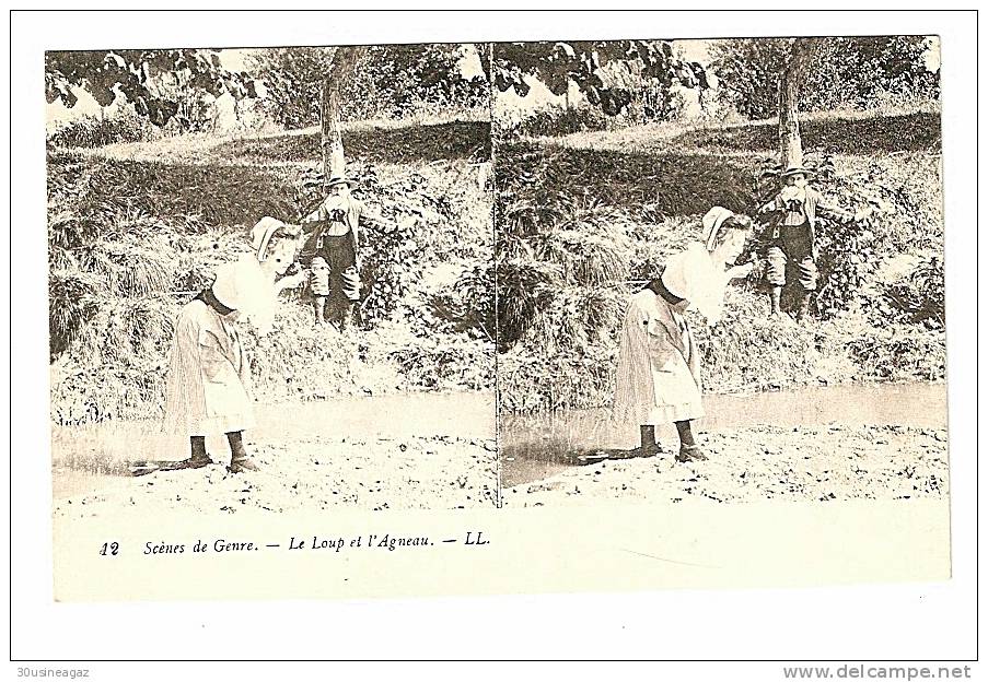 CPA Stereoscopique,Scènes De Genre ,le Loup Et L´agneau   ,stereo - Stereoscope Cards