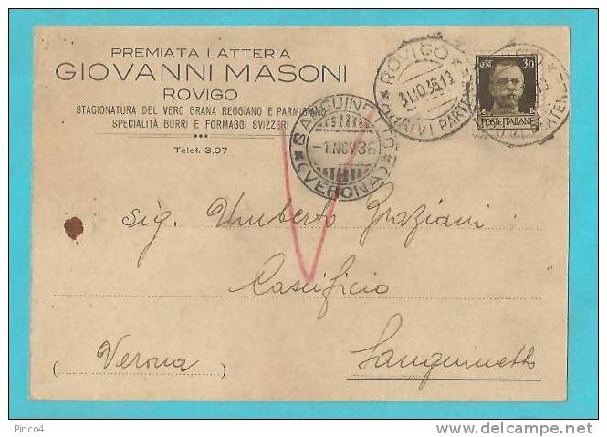 ROVIGO LATTERIA GIOVANNI MASONI CARTOLINA COMMERCIALE VIAGGIATA NEL 1936 - Rovigo