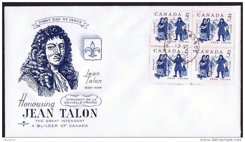 1962  Jean Talon  Sc 398  Rose Craft Cachet  Unaddressed FDC - 1961-1970