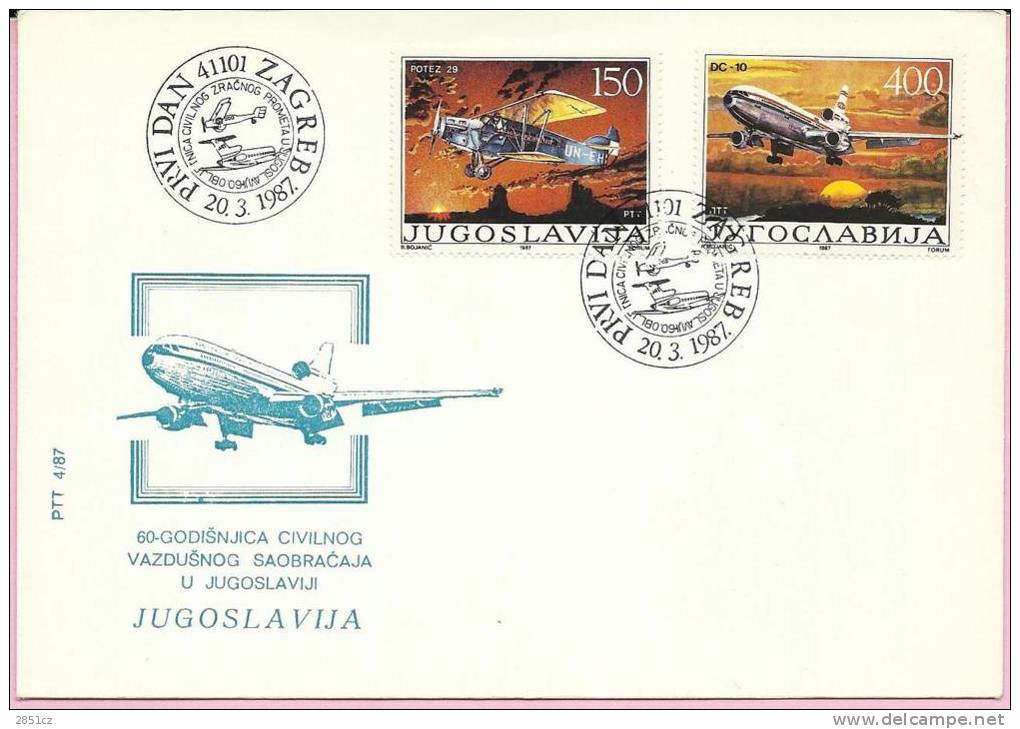 60th ANNIVERSARY OF CIVILIAN AIRTRAFFIC IN YUGOSLAVIA, 1987., Yugoslavia, FDC PTT 4/87 - FDC