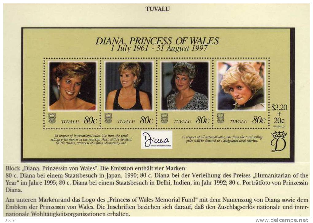 Ehrung Von Diana 1997 Tuvalu Insel Block 62 ** 7€ Memorial Porträt Lady Di With Flower Princess Wales Sheet Of Oceanien - Tuvalu