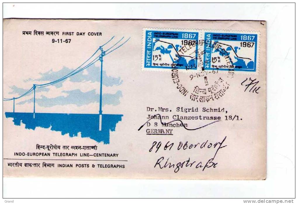 Inde-1967-Centenaire De La Ligne Télégraphique Avec Londres-Lettre FDC Voyagée Vers L´Allemagne - Telecom