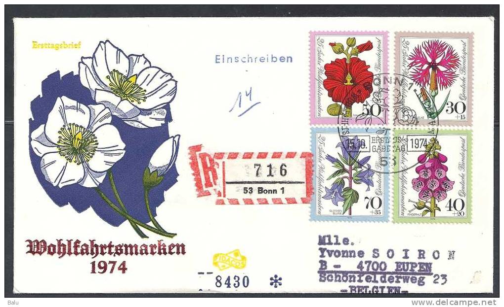 Deutschland FDC 1974 Michel Nr 818-821 Yvert 667-670 Wohlfahrt Einschreiben Nach Eupen Belgien - Sonstige & Ohne Zuordnung