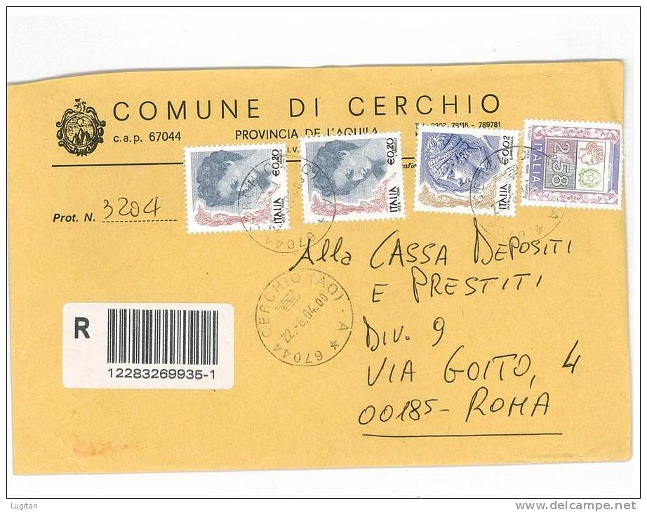 CERCHIO CAP. 67044  - PROV. L'AQUILA - ABRUZZO ANNO 2004  R  TEMATICA COMUNI D'ITALIA  - POSTAL HISTORY - Macchine Per Obliterare (EMA)