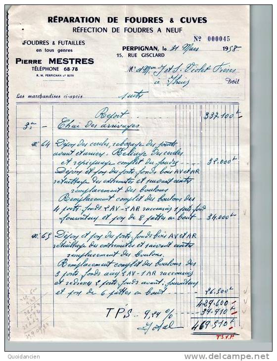 Lettre Du 31/03/1958  -  De  PERPIGNAN  Vers  THUIR  -  P.  MESTRES  à  J&S  VIOLET  - Réparation De Foudres & Cuves - Italie